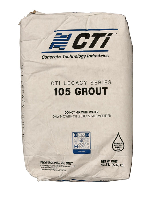 Bag of CTi Concrete Technology Industries 105 Grout on a concrete surface